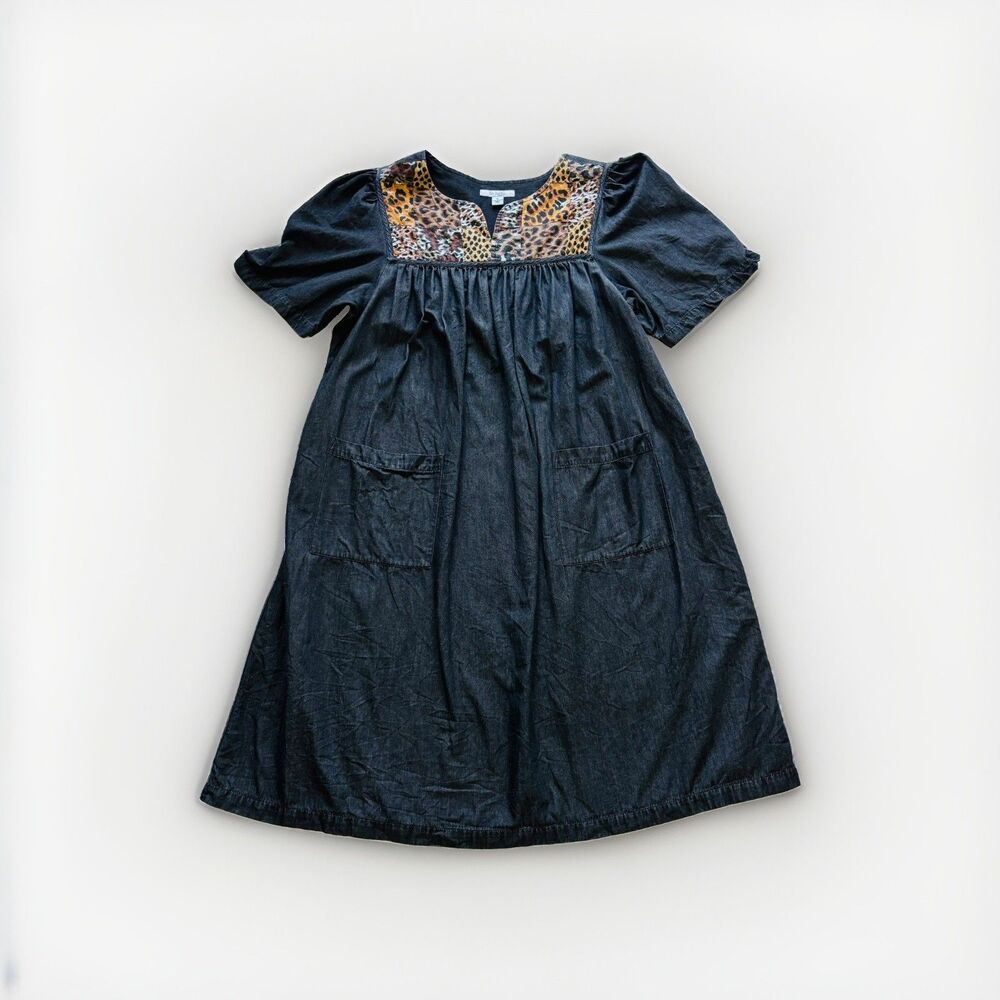 Go Softly Patio Lounge Denim Dress Black Chambray Patchwork Pockets M Cotton